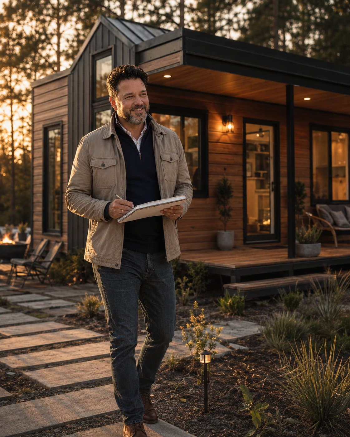Evan taking notes outside a modern custom cottage at sunset