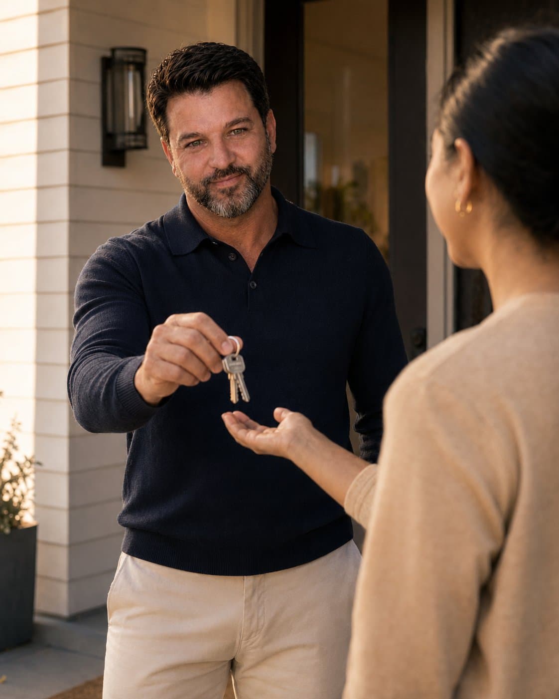 Evan handing keys to a client at their new front door