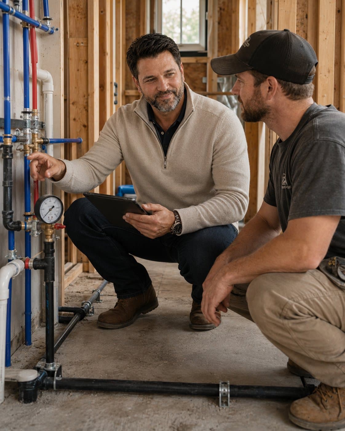 Evan reviewing a plumbing rough-in with a contractor
