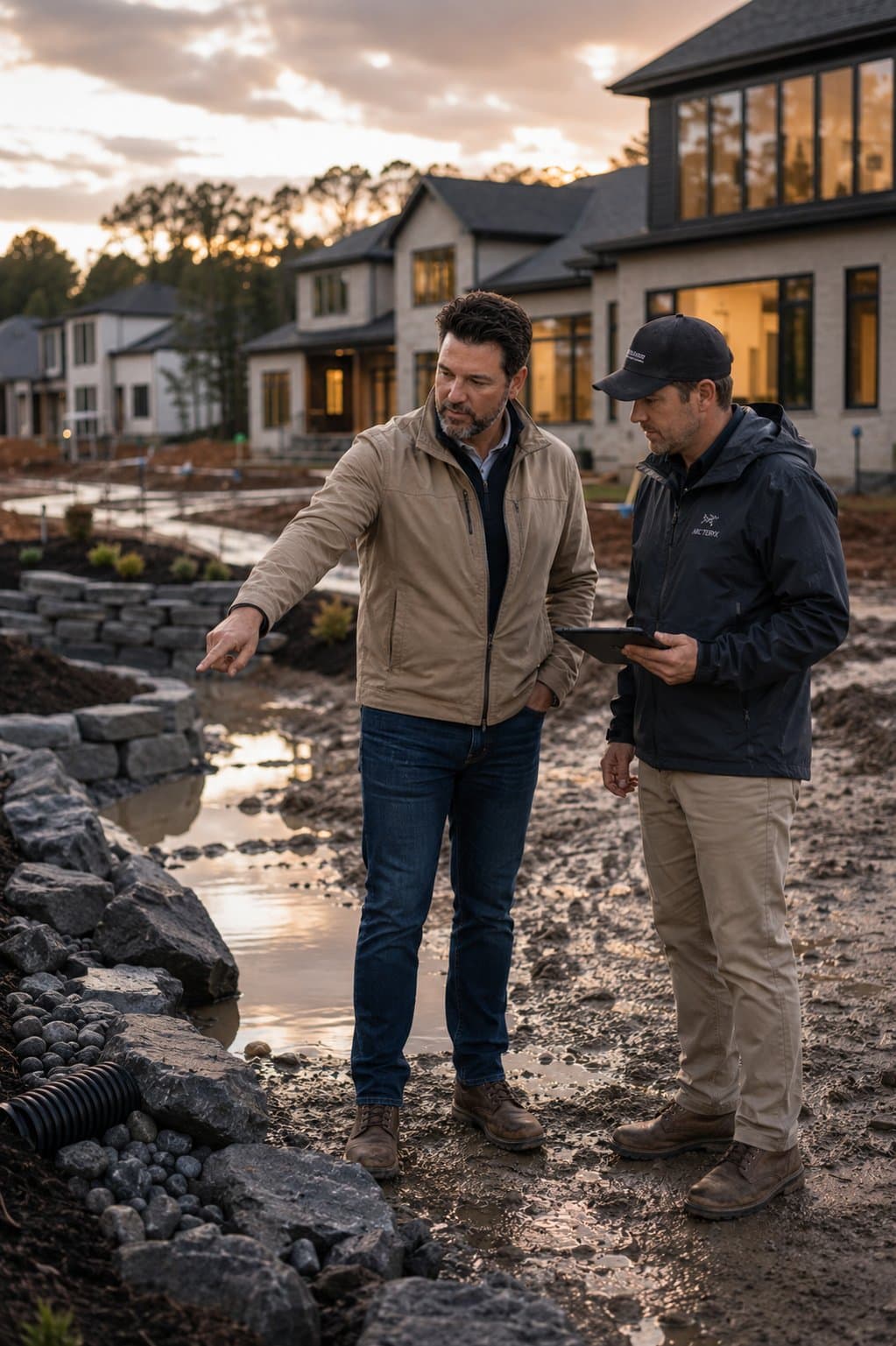 Evan Beckett walking a new construction community at dusk