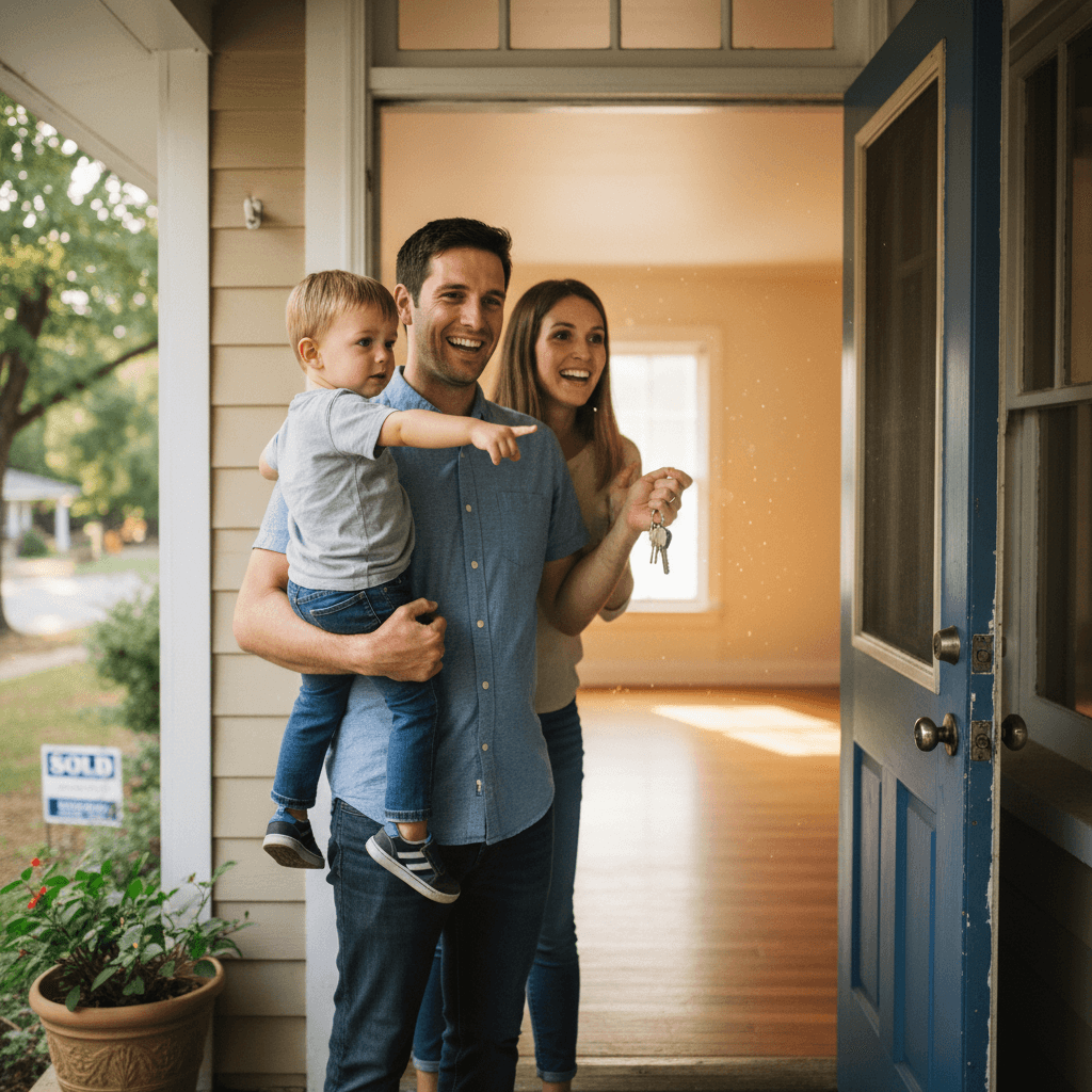 Parents holding a toddler on the front porch of a home they have just bought
