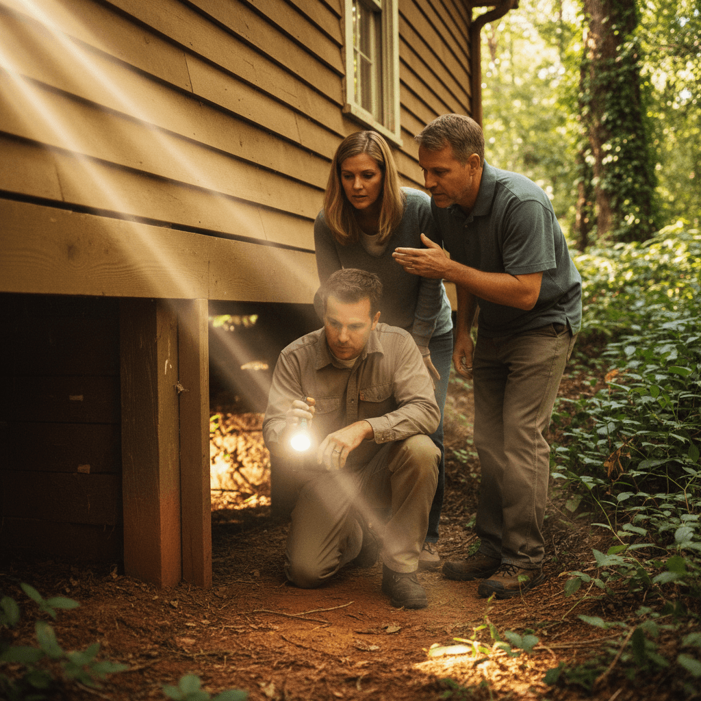 Home inspector with a flashlight examining a crawlspace while a couple looks on