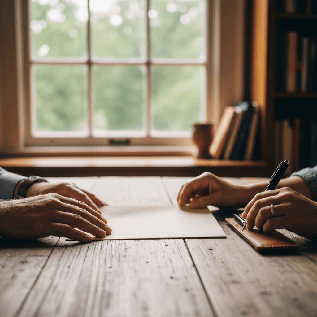 Two people reviewing paperwork together at a wooden desk beside a window