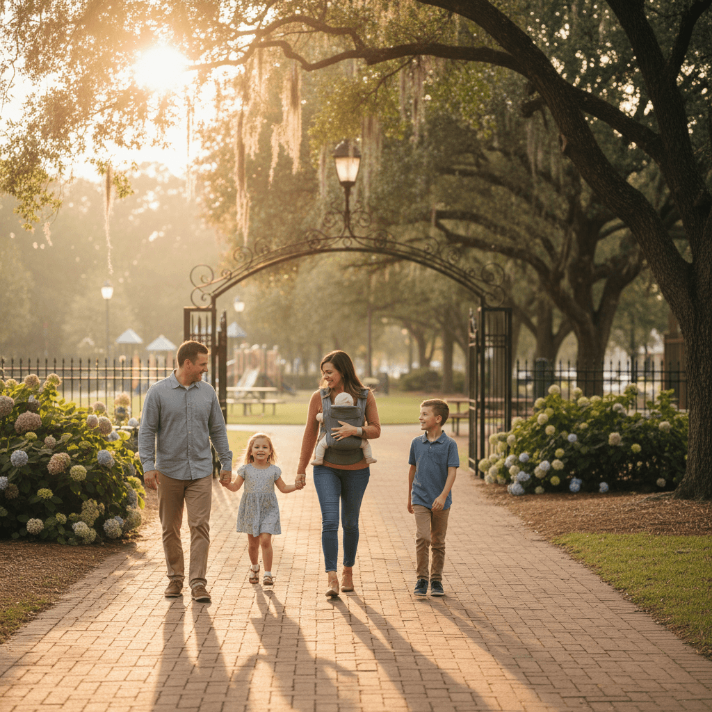 Family walking a landscaped park path beneath moss-draped trees at sunset