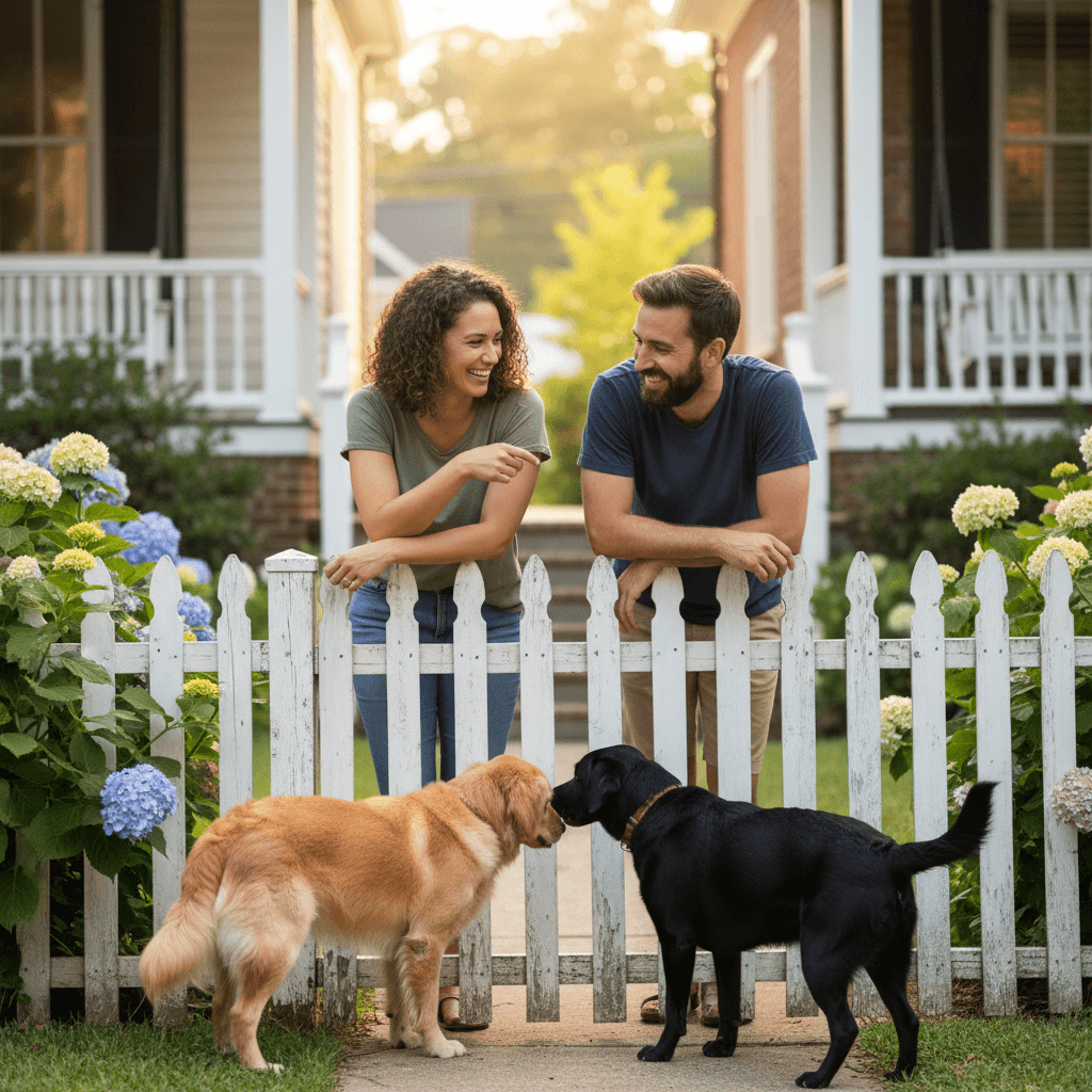 Two neighbors chatting over a white picket fence while their dogs greet each other