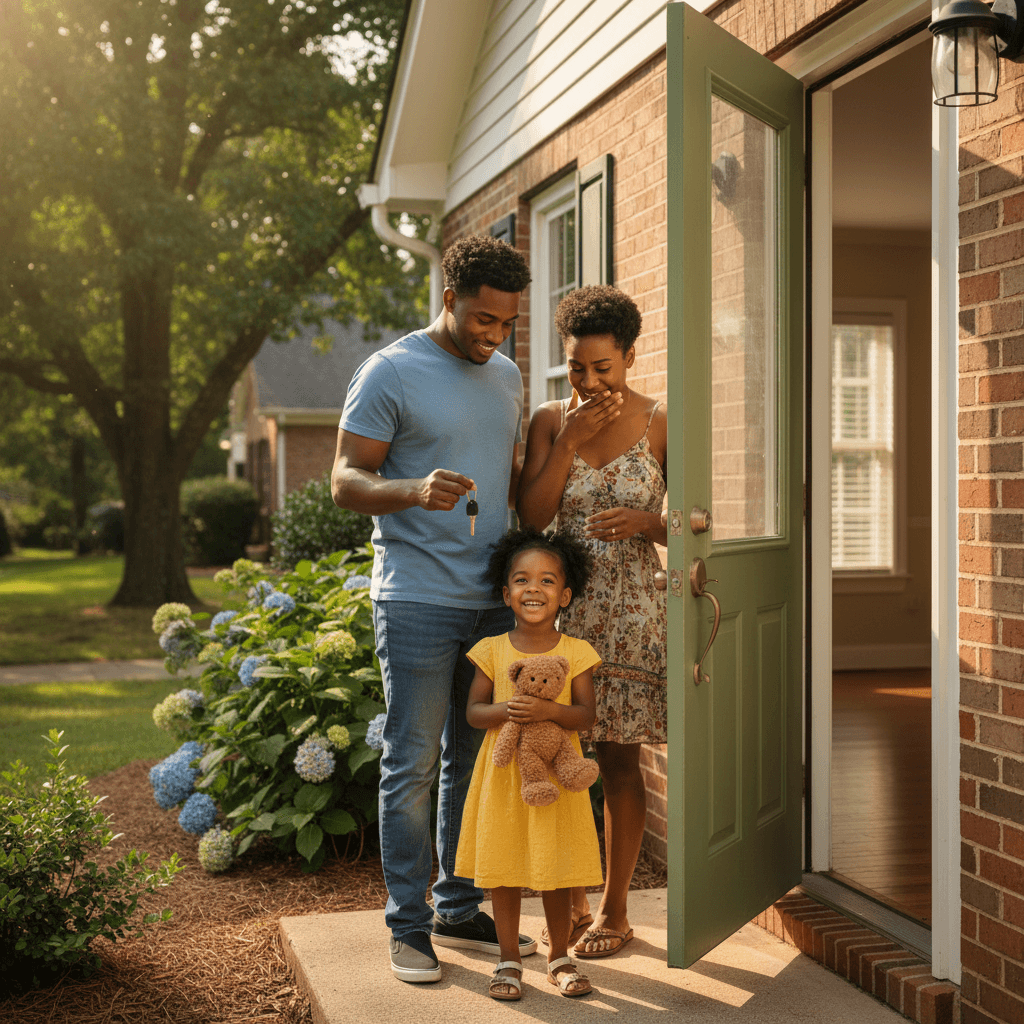 Parents with a small child arriving at the green front door of a brick home