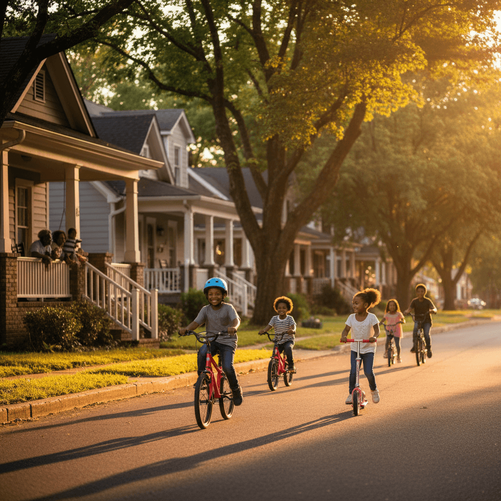 Kids riding bikes down a quiet residential street in late-afternoon light