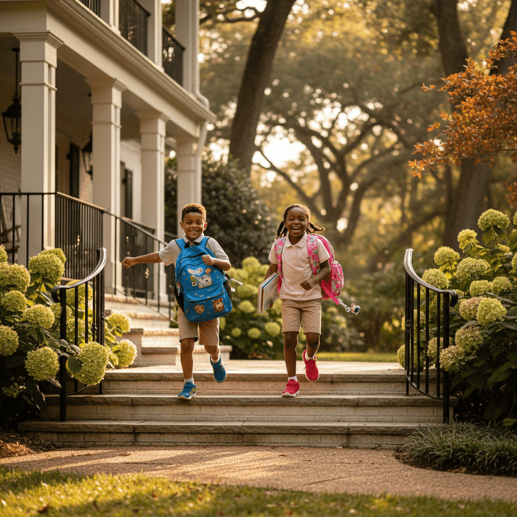Two children with backpacks running down front steps past blooming hydrangeas