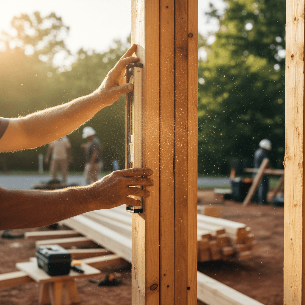 Carpenter's hands checking a level against new door framing on a building site