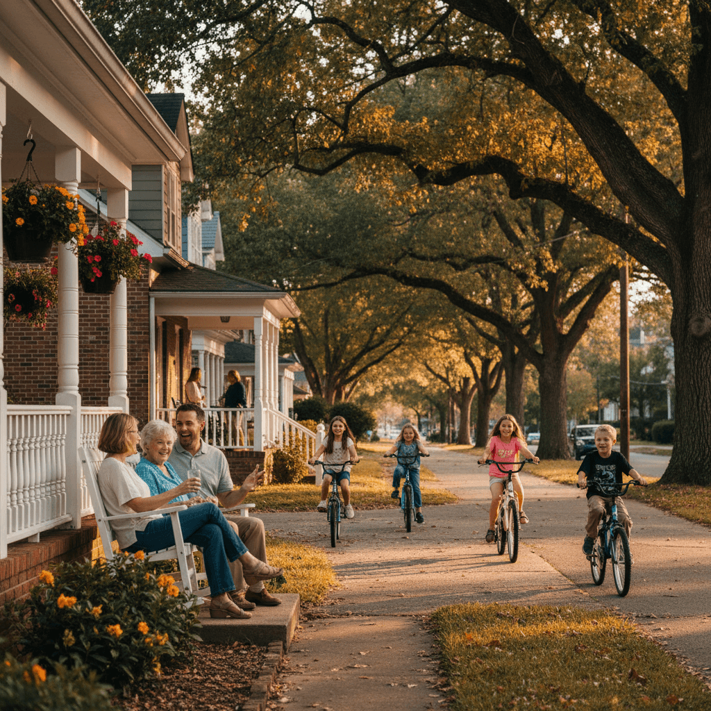 Children biking past neighbors gathered on a covered front porch
