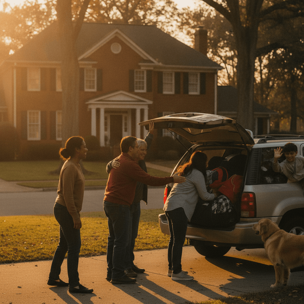 Family unloading a packed SUV in a driveway with a dog nearby