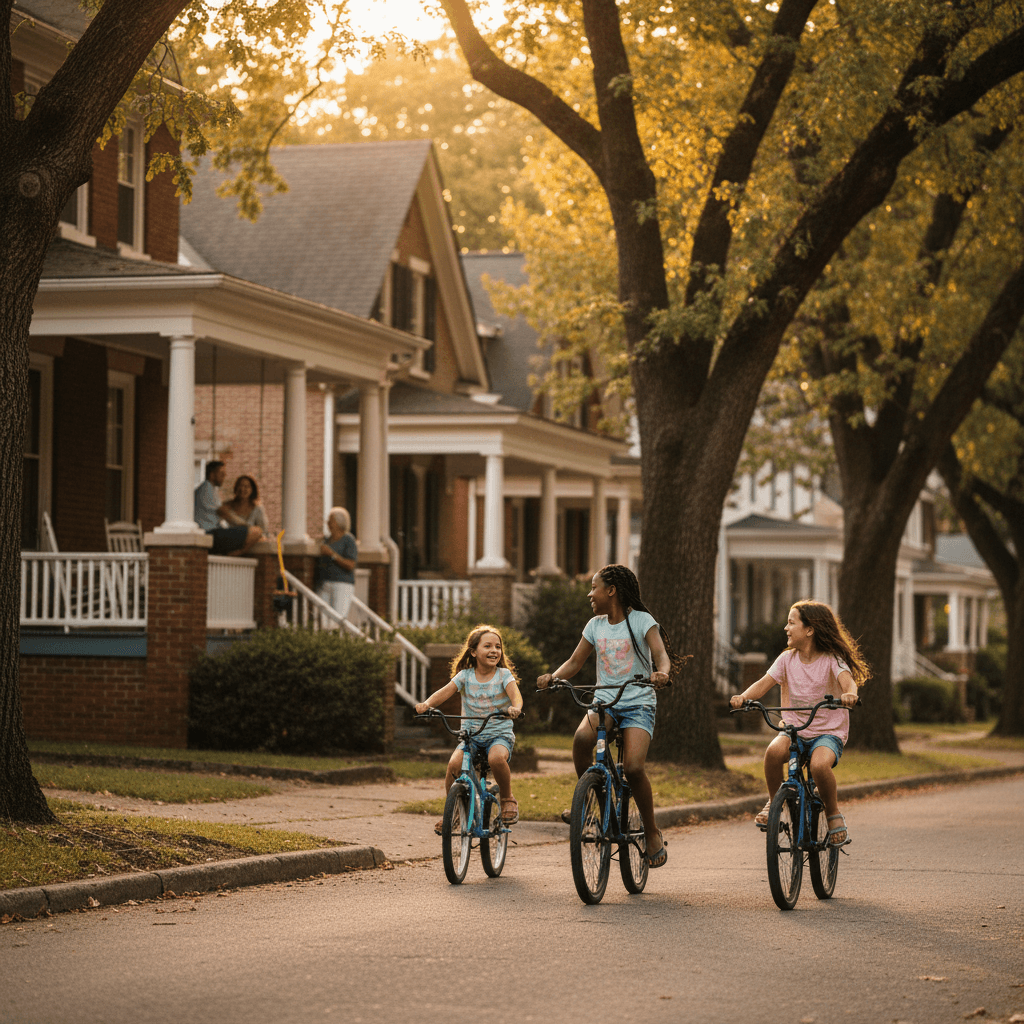 Three kids riding bikes beneath large oaks past craftsman-style porches