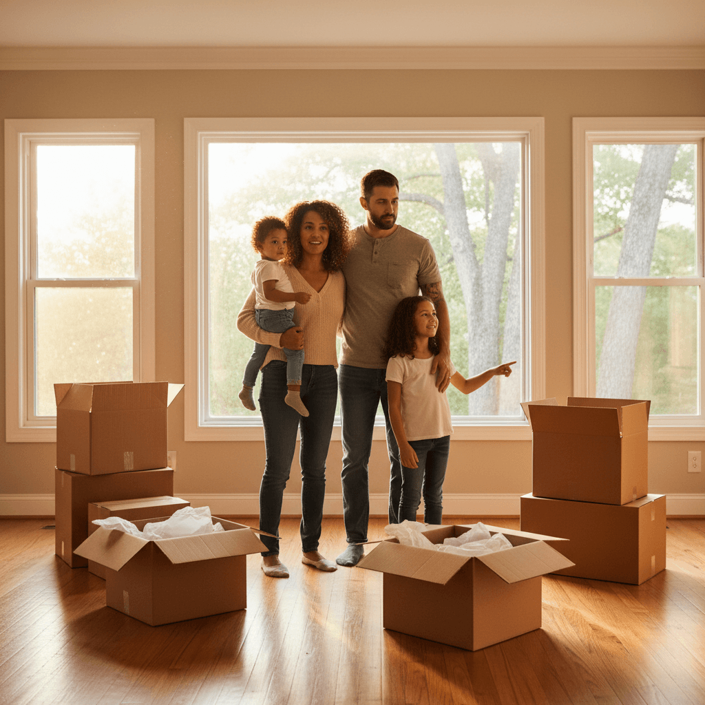 Family of four standing with moving boxes in a bright empty living room