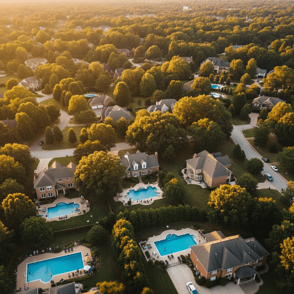 Aerial view of a tree-lined suburban neighborhood with backyard pools at golden hour
