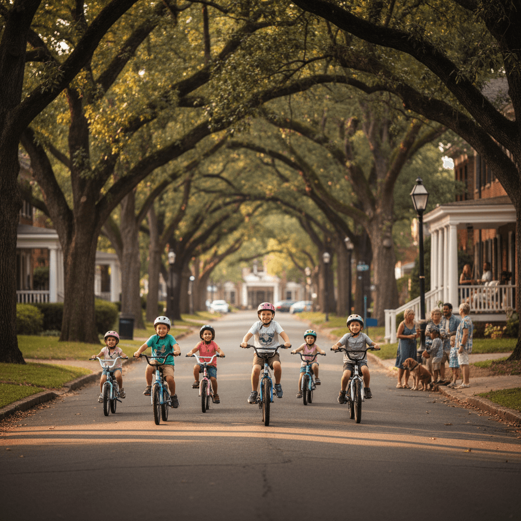 Group of children in helmets riding bikes under an arching oak canopy