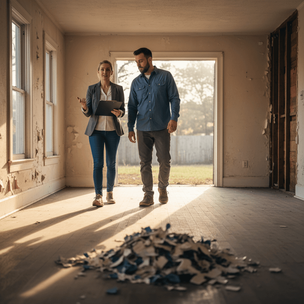 Agent and buyer surveying a distressed room with debris on the floor