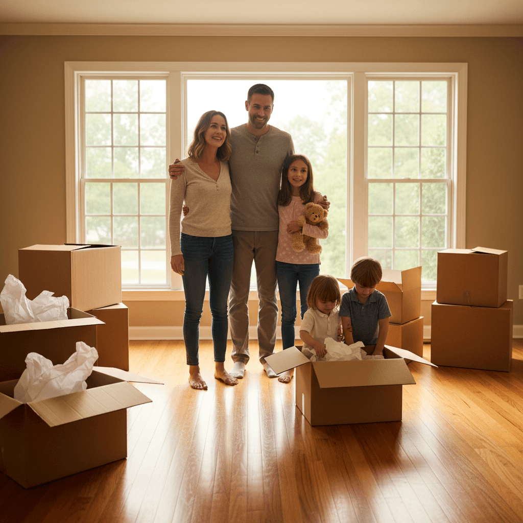 Parents and children packing moving boxes in a bare living room