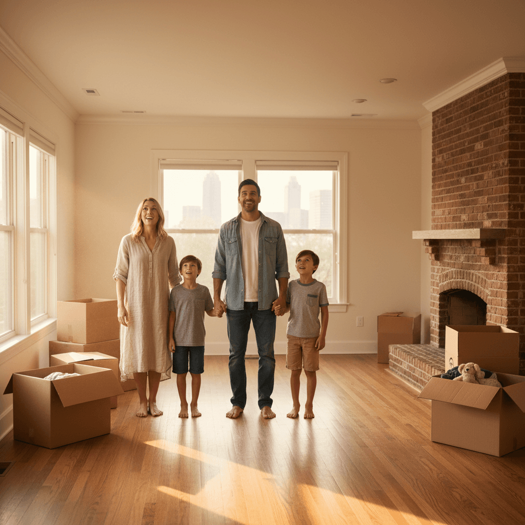 Family of four standing among moving boxes in a sunlit empty living room