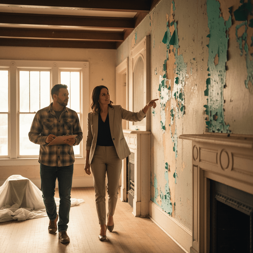 Agent and buyer walking through a fixer-upper room with peeling paint above the fireplace