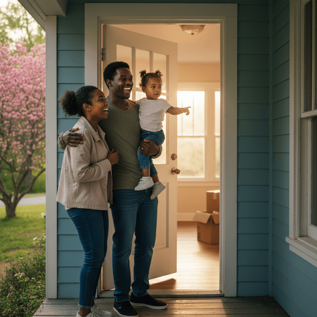 Couple holding a young child at the blue front door of a house with moving boxes inside