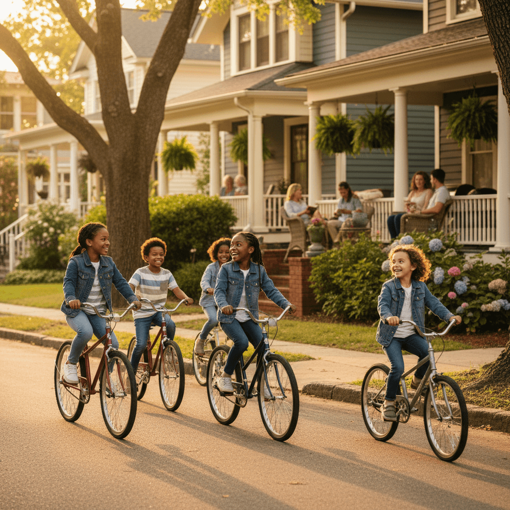 Children riding bicycles down a tree-lined street of porch-front houses
