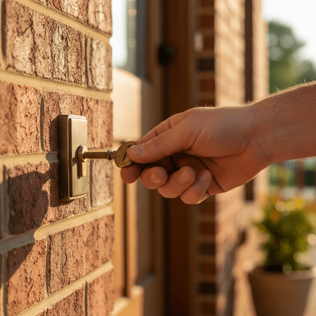 Close-up of a hand turning a key in the front-door lock of a brick home