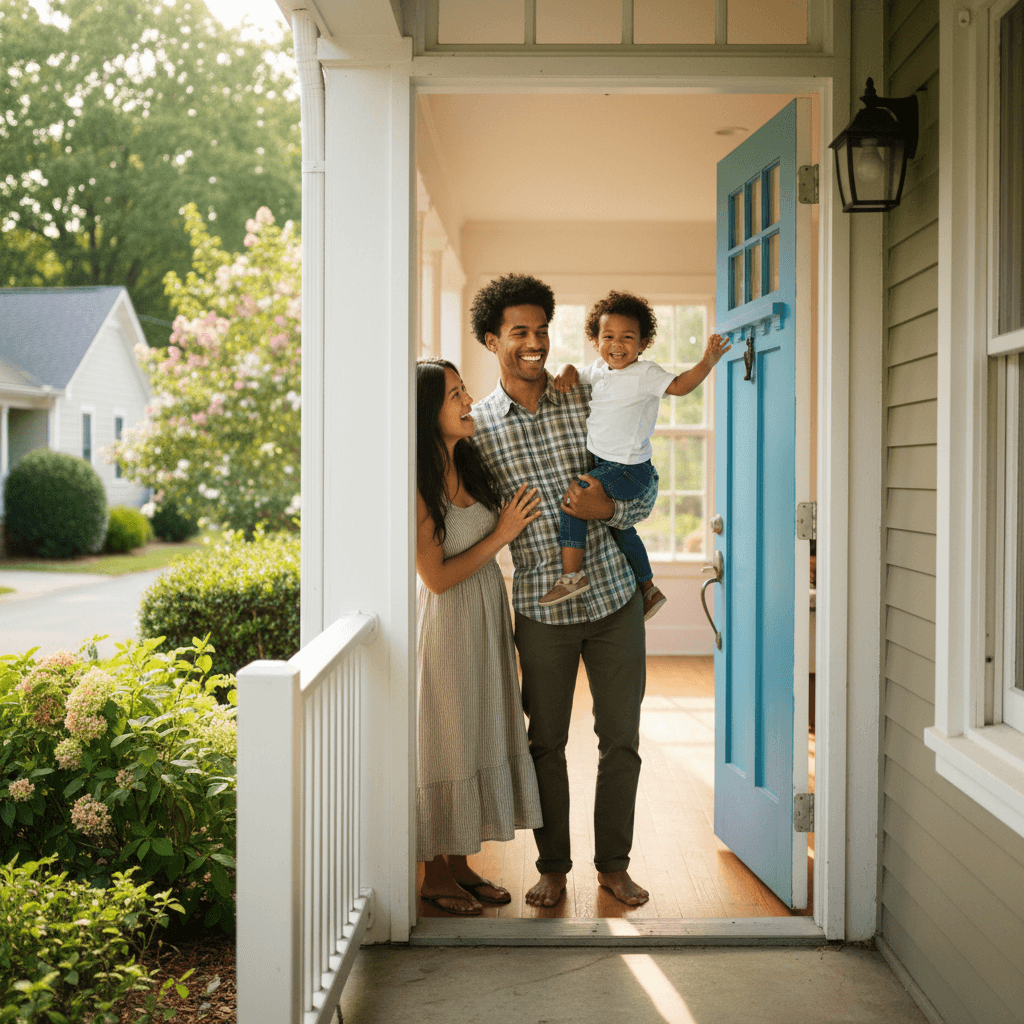 Parents holding a toddler at the light-blue front door of a house