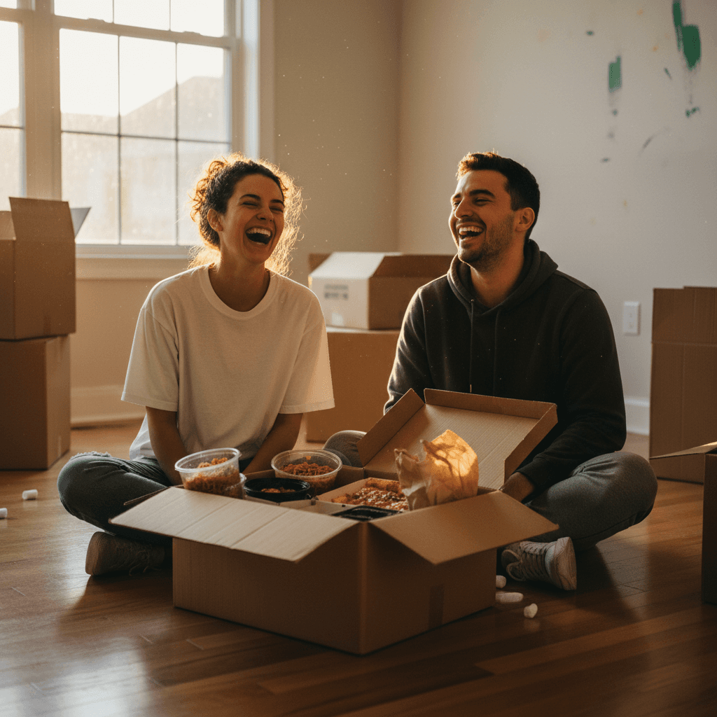Couple laughing over pizza on the floor among moving boxes in an unfurnished room