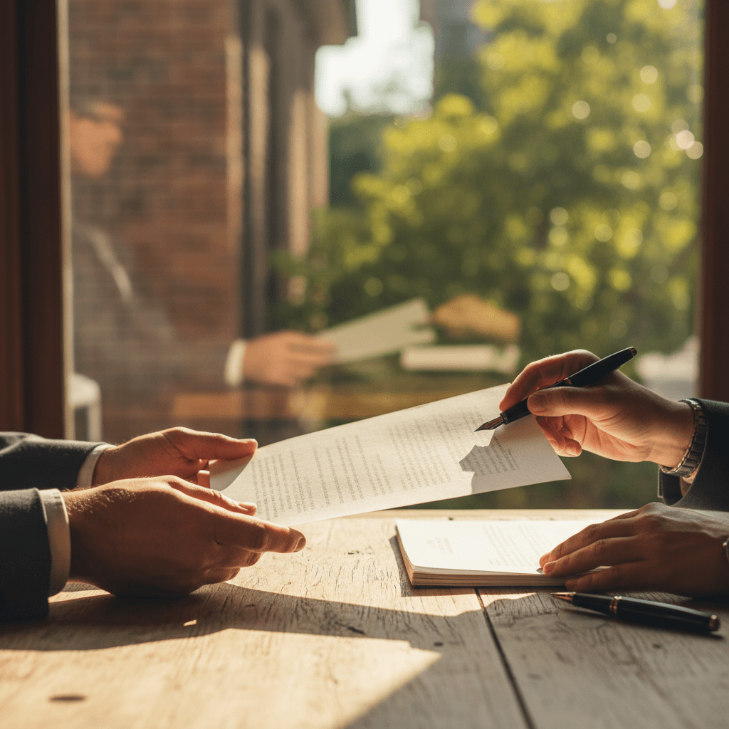 Two people exchanging documents across a table beside a bright window