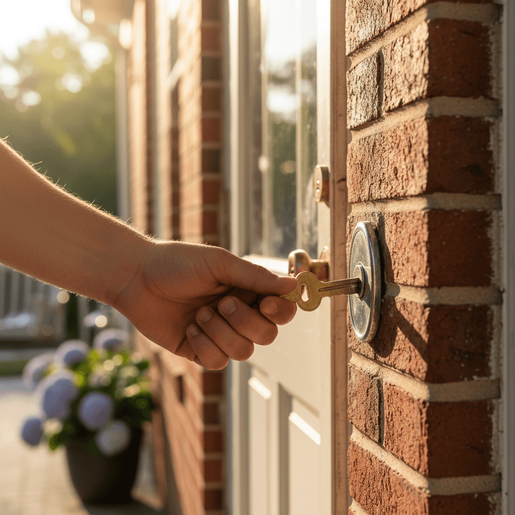 Hand inserting a key into the front-door lock of a brick home beside flowers