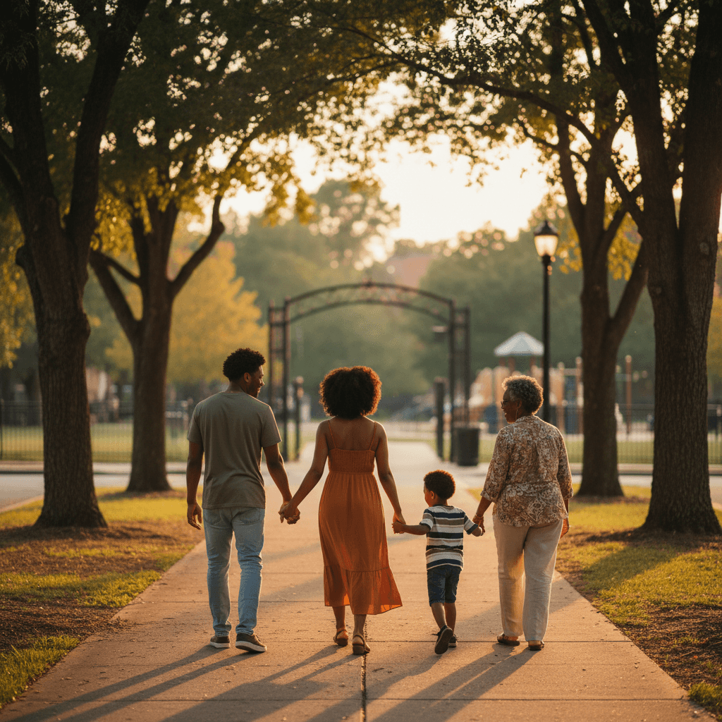 Multigenerational family holding hands on a park path at dusk
